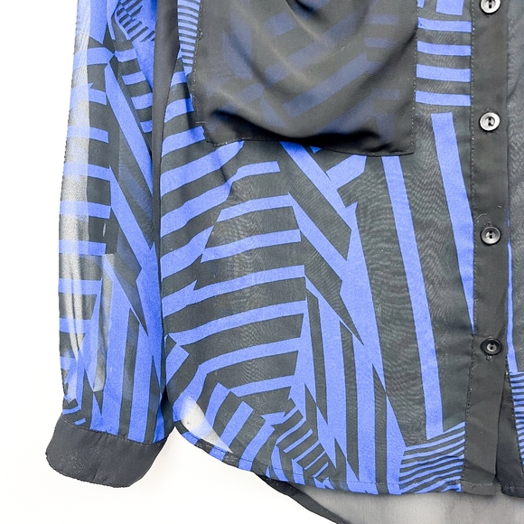 UK2LA Black and Blue Striped Sheer Button-Up Top - Picture 4 of 8